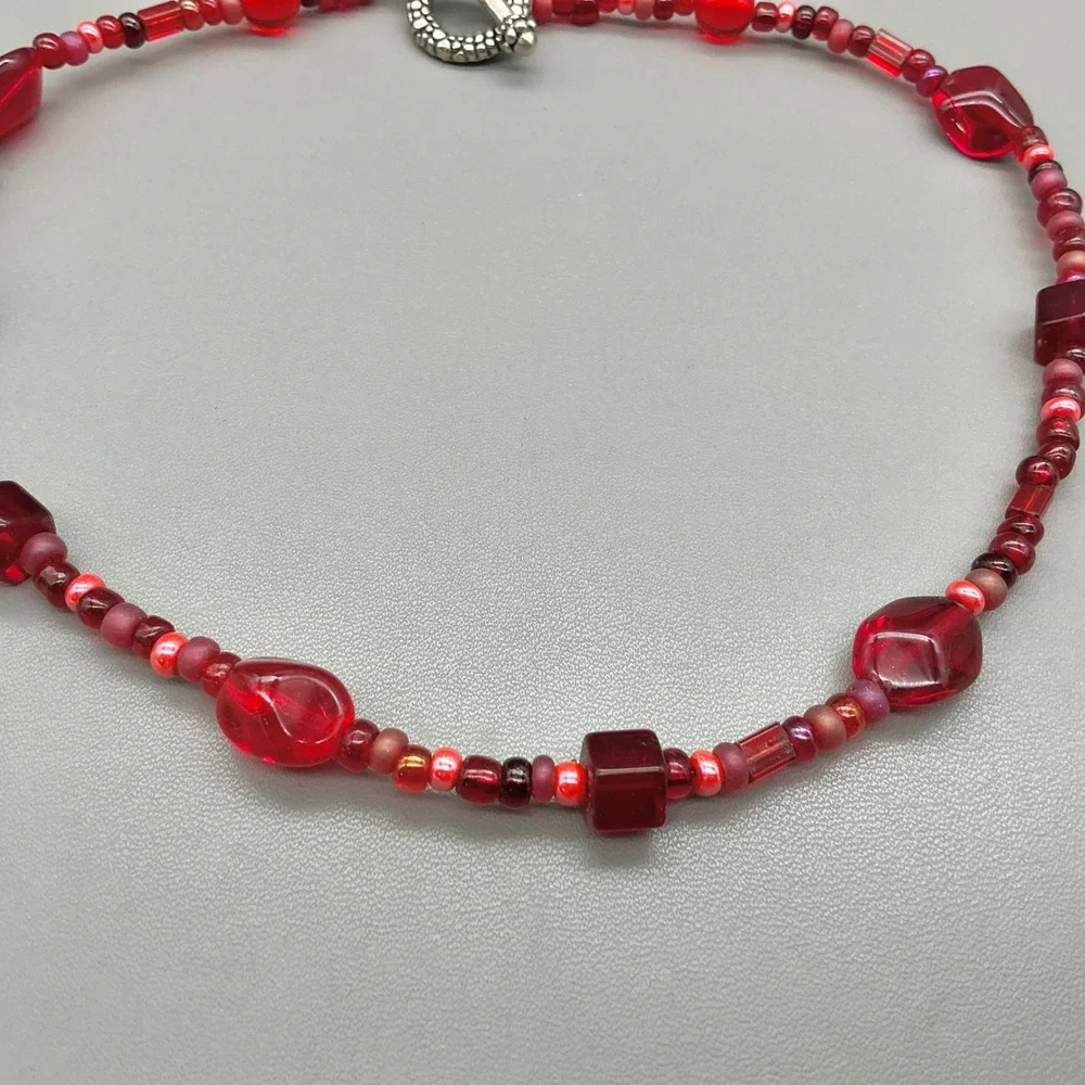 Beaded Necklace Women Red Glass Multi Shape Eclectic Artisan Toggle Clasp 14 In